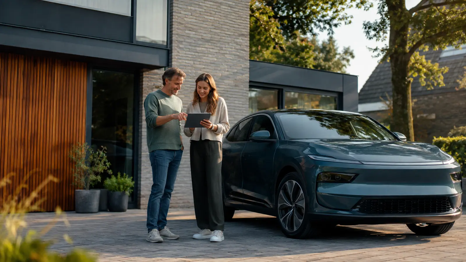 Stel vergelijkt een moderne leaseauto